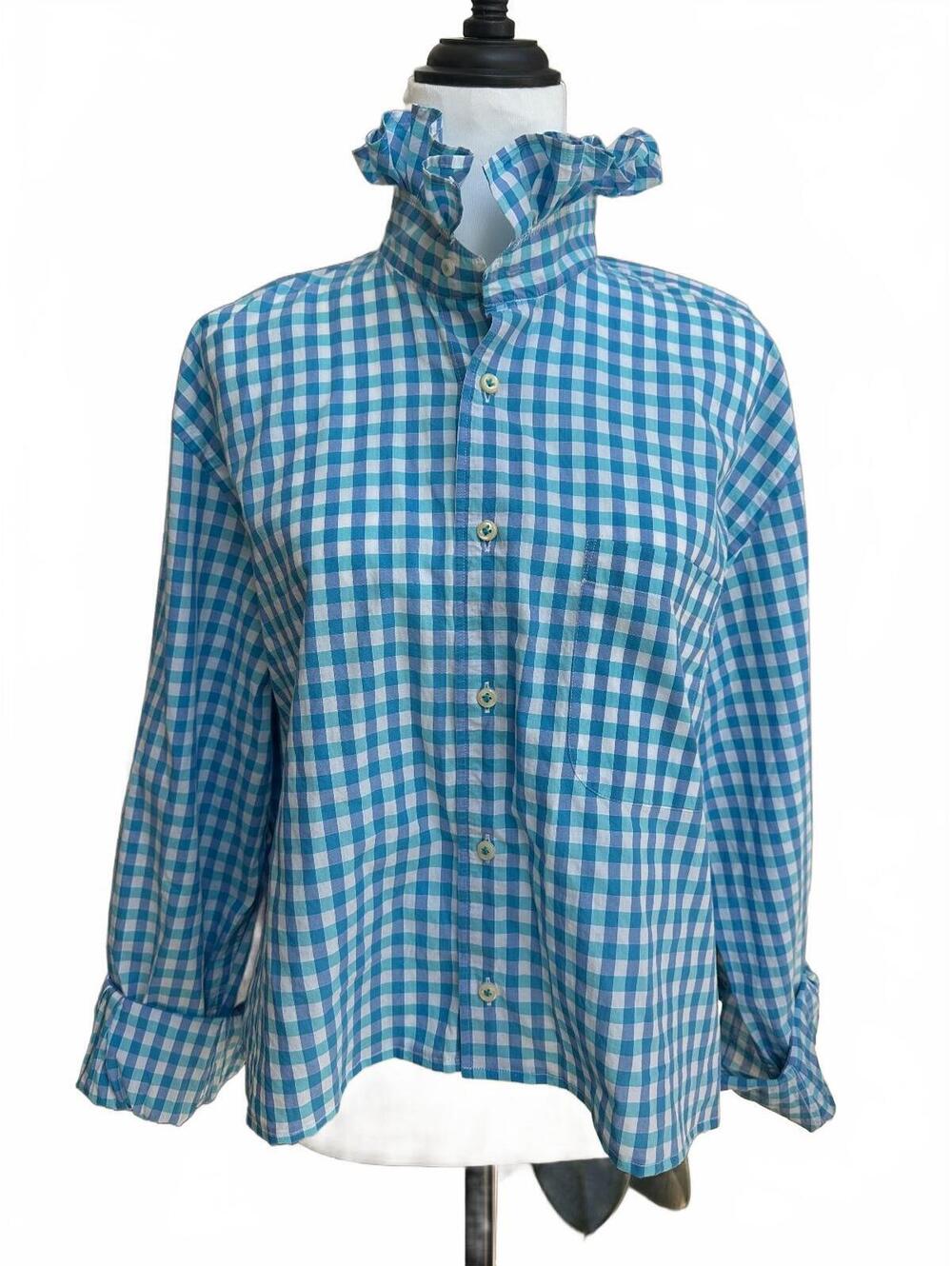 Upcycled Blue and White Gingham Check Button-Up Shirt with Ruffled High Collar